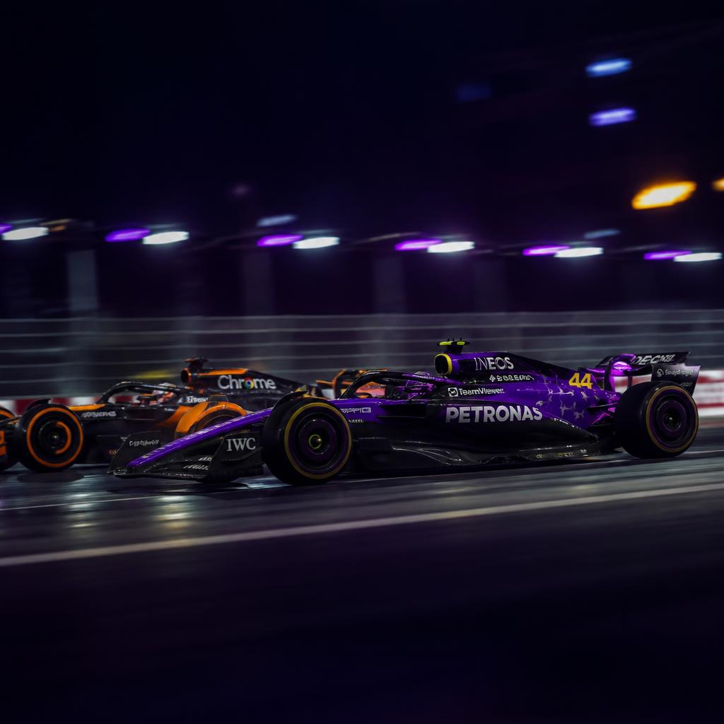 Two Formula 1 cars racing at speed on a night circuit
